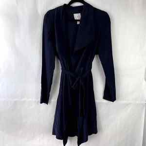 Eliane Rose Navy Blue Long Coat Jacket Tie Waist Roll Tab Sleeve Size Small